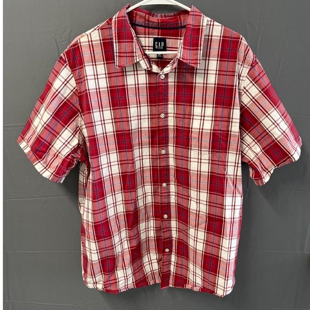 Gap Button Down Shirt Mens XXL Red Plaid Excellent Short Sleeve Cotton Stretch
